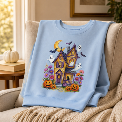 Ghosts in Bloom Haunted House Sweatshirt – Cute Halloween Gift for Her mockup-product-6a8e4c736874ebd7ebdd710b.png