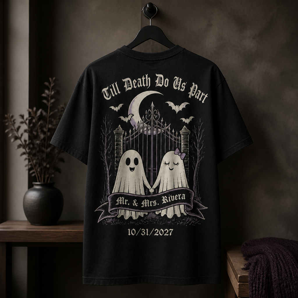 Till Death Do Us Part Ghost Couple T-Shirt – Personalized Mr. & Mrs. Halloween Wedding Shirt, Custom Bride and Groom Spooky Newlywed Gift mockup-product-6a8e5135fa19bf7517631fee.png
