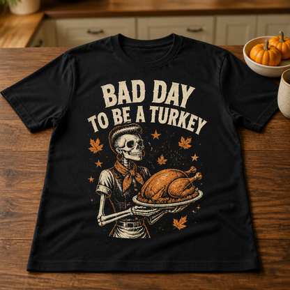 Bad Day to Be a Turkey – T-shirt – Funny Vintage, Halloween, Thanksgiving Gift mockup-product-6a8e8b9b7c37a018febcffad.png