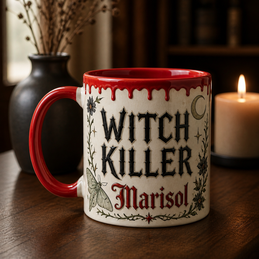 Witch Killer Personalized Accent Mug – Custom Name Dark Fantasy Gothic Cup, Halloween Gift mockup-product-6a8e936bb3f97f2aa7a211d4.png