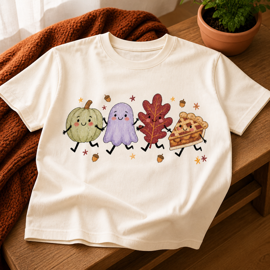 Cute Halloween Characters T-Shirt, Pumpkin Ghost Leaf Pie Winter Tee mockup-product-6a8ea22c28477bc6ffe362ac.png