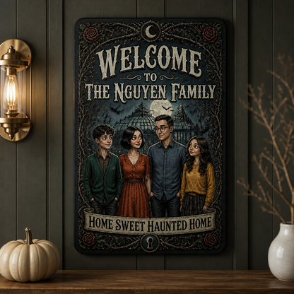 Personalized Haunted Family Metal Sign – Custom Family Portrait & Name, “Home Sweet Haunted Home” Halloween Gift, Decor mockup-product-6a8ff98d5ece55b627e659ca.png