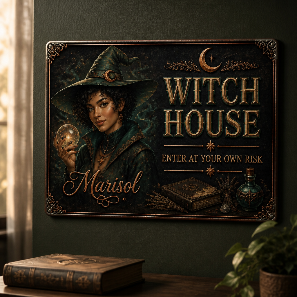 Personalized Witch Metal Sign – Custom Photo & Name, Halloween Home Decor Gift mockup-product-6a90ecb58c7adf1b185d74e4.png