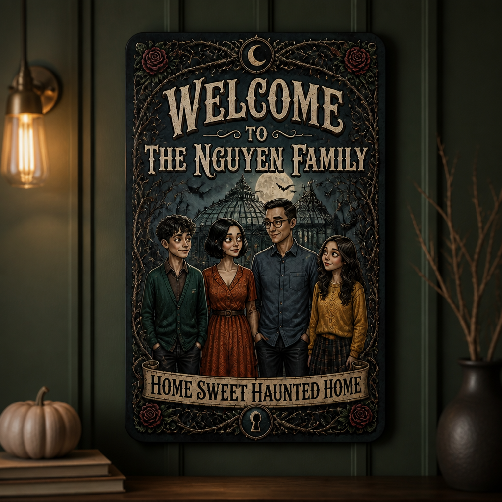 Personalized Haunted Family Metal Sign – Custom Family Portrait & Name, “Home Sweet Haunted Home” Halloween Gift, Decor mockup-product-6a923799da95b20904c51250.png