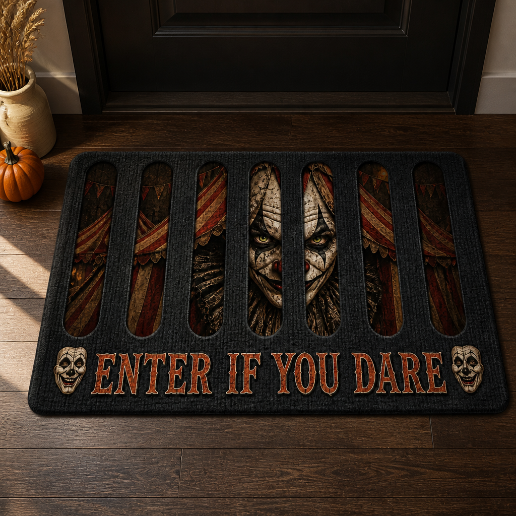 Enter If You Dare Creepy Clown Doormat – Custom Shape Halloween Horror Mat, Haunted Carnival Front Door Decor mockup-product-6a923f0b4550ba076ba50a43.png