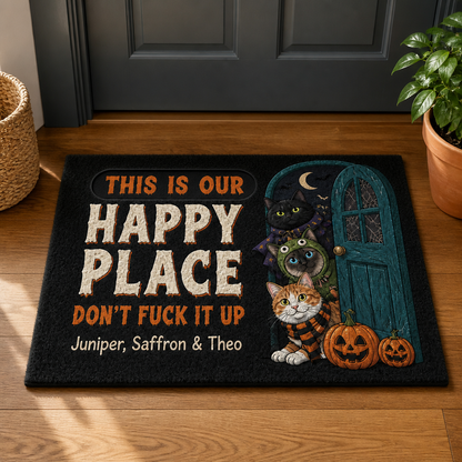 Our Happy Place Personalized Pet Photo Doormat – Custom Halloween Cat Portrait Mat, Funny Spooky Front Door Decor for Cat Lovers mockup-product-6a9241513a3b40253d05519e.png