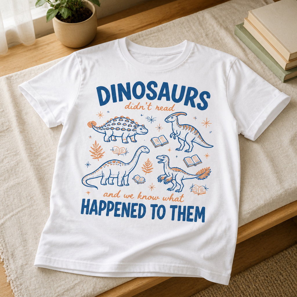 Dinosaurs Didn’t Read Personalized T-Shirt – Funny Book Lover Dinosaur Tee, Retro Reading Shirt for Teachers, Librarians & Nerdy Friends mockup-product-6a94e3376634ba88d6499dff.png