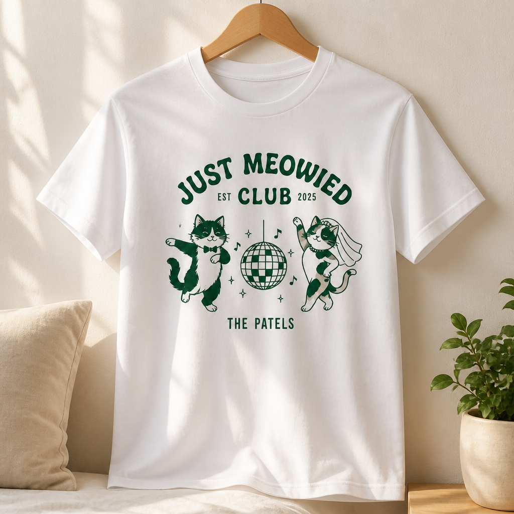 Just Meowied Personalized Cat Wedding T-Shirt – Funny Newlywed Couple Tee, Custom Family Name Gift for Cat Lovers mockup-product-6a94e9f577c72ade148c9cfa.png