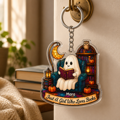 Just A Girl Who Loves Books – Personalized Custom Acrylic Keychain – Halloween Gift mockup-product-6a954323e09e3fe103a9e229.png