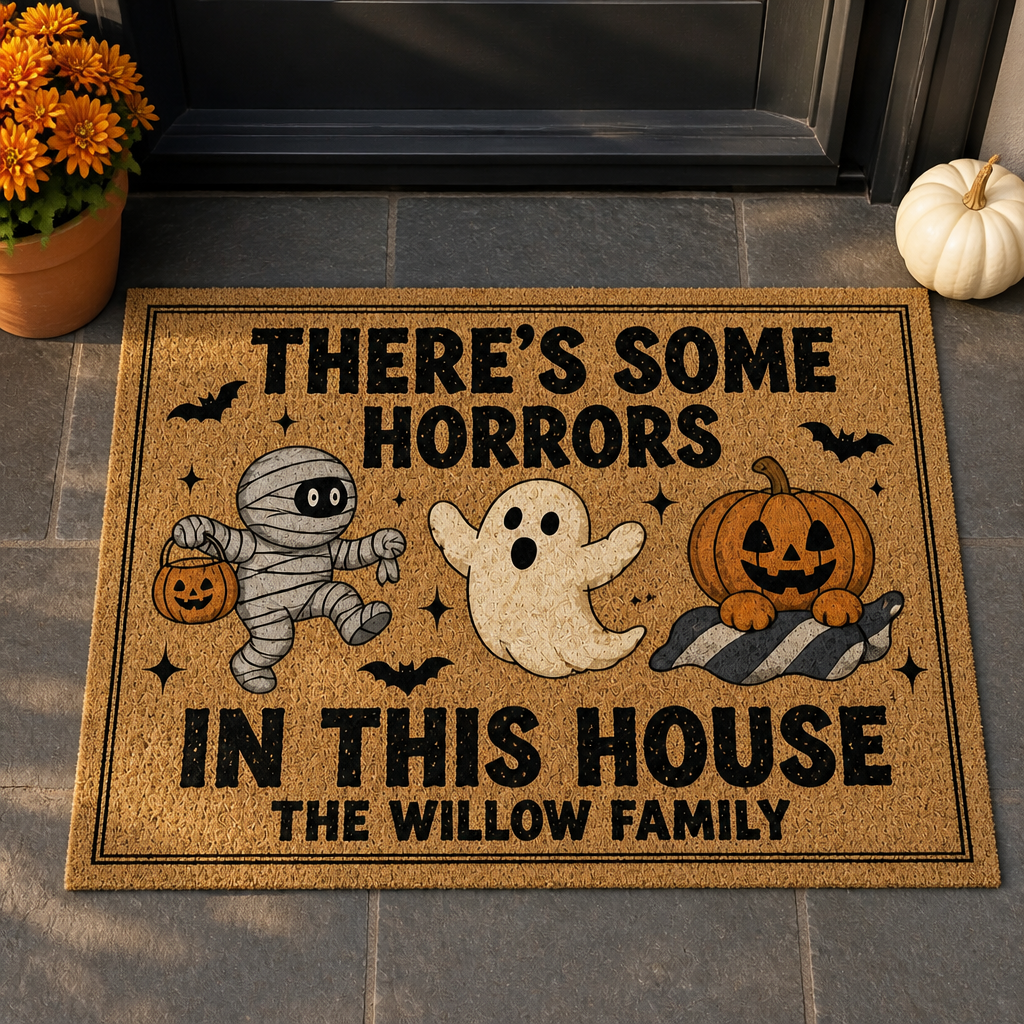 There's Some Horrors – Personalized Doormat – Custom Family Welcome Mat with Ghost, Mummy & Pumpkin, Funny Spooky Front Porch Decor Gift, Halloween Gift mockup-product-6a9544a5e09e3fe103a9e230.png