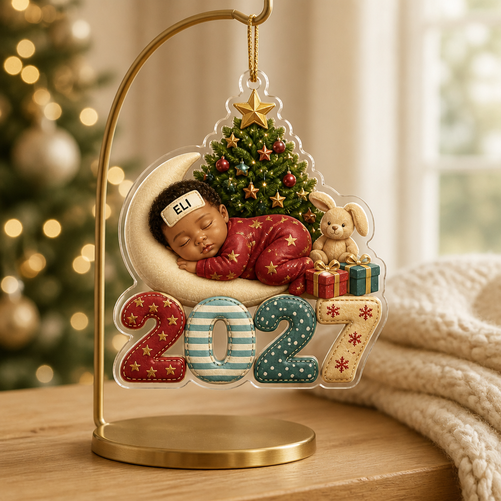 First Christmas Baby Sleeping - Gift For New Mom, Baby - Personalized Custom Shaped Acrylic Ornament mockup-product-6a95bca3033ea77d14209251.png