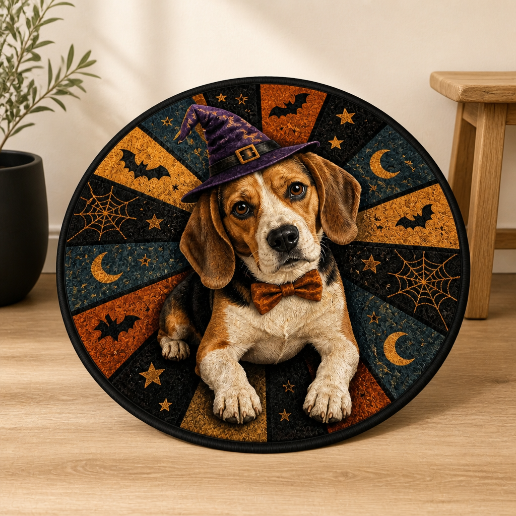 Custom Halloween Pet Photo Doormat – Personalized Witch Hat Dog Round Door Mat mockup-product-6a98db0325920d94b7eca2ea.png