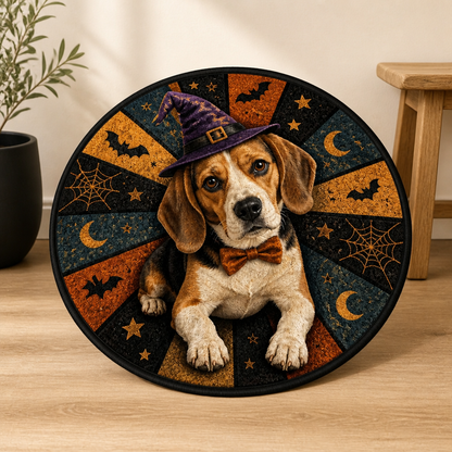Custom Halloween Pet Photo Doormat – Personalized Witch Hat Dog Round Door Mat mockup-product-6a98db0325920d94b7eca2ea.png