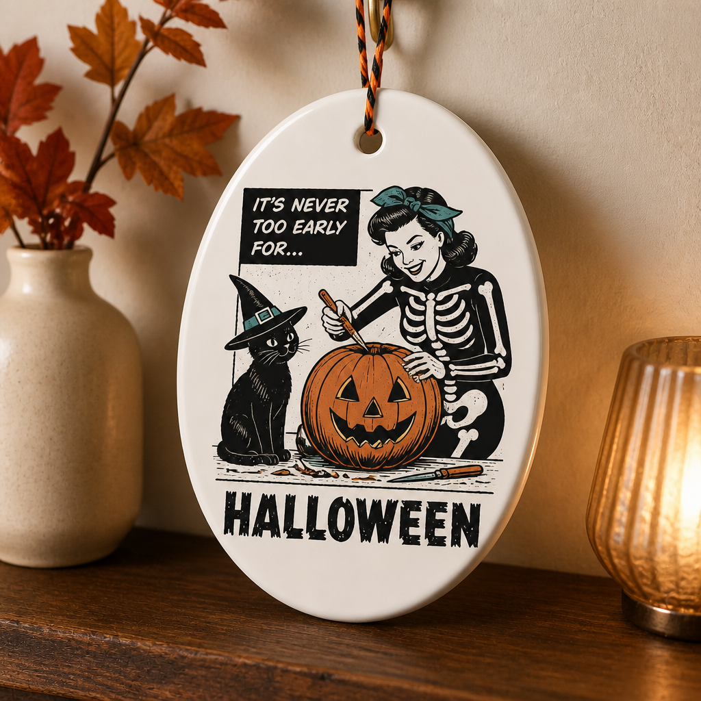 Never Too Early for Halloween Ornament – Retro Skeleton Girl & Witch Cat Pumpkin Keepsake, Funny Spooky Season Gift mockup-product-6a98ea91a0d718ff990ffeaa.png
