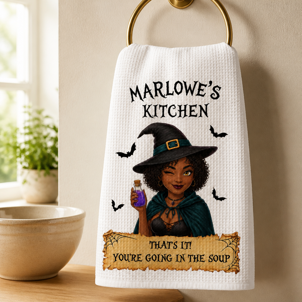 You’re Going in the Soup Personalized Kitchen Towel – Custom Photo Witch Halloween Tea Towel, Funny Spooky Kitchen Decor Gift for Her mockup-product-6a98ec29a0d718ff990ffeb0.png