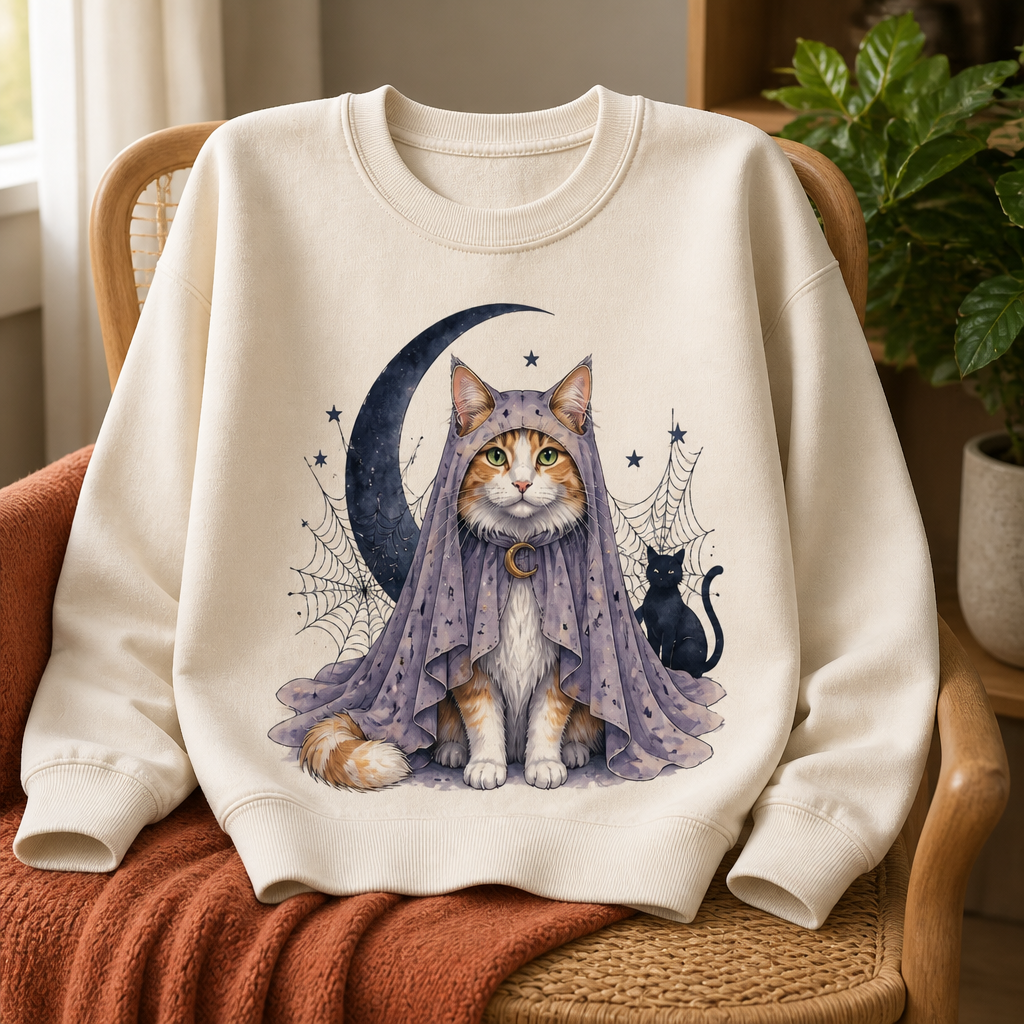Personalized Cat Halloween Sweatshirt – Custom Pet Photo Ghost Cat Shirt, Watercolor Witchy Moon & Spider Web, Spooky Season Gift for Cat Mom mockup-product-6a98f02ea0d718ff990ffebc.png
