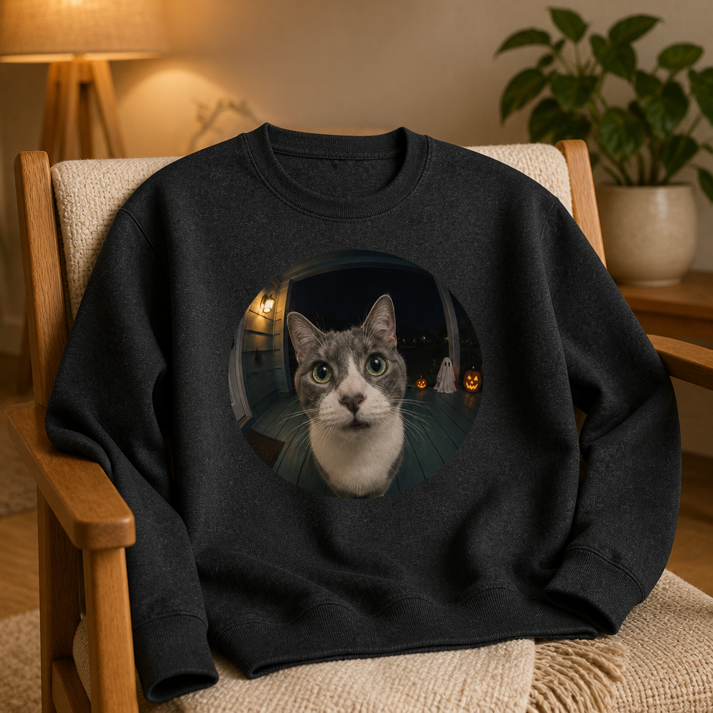 Personalized Cat Doorbell Camera Halloween Shirt – Custom Pet Photo Funny Ring Cam Cat Tee, Spooky Porch Pumpkin Ghost, Cat Lover Gift mockup-product-6a98f0547c480be45fa7be4f.png