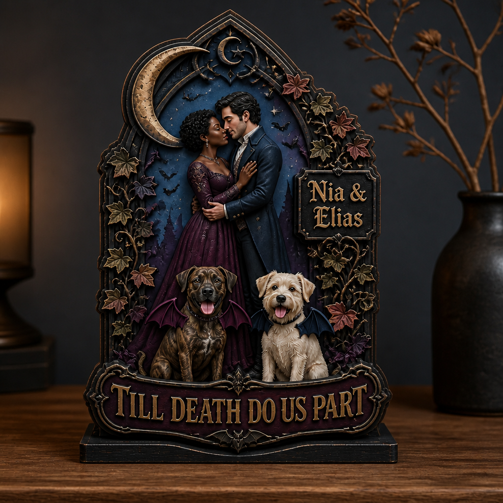 Till Death Do Us Part – Personalized Photo With Pet 2-Layer Standing Wooden Plaque – Halloween Gift For Couple mockup-product-6a991ba3c7f3aecd28e2ad1d.png