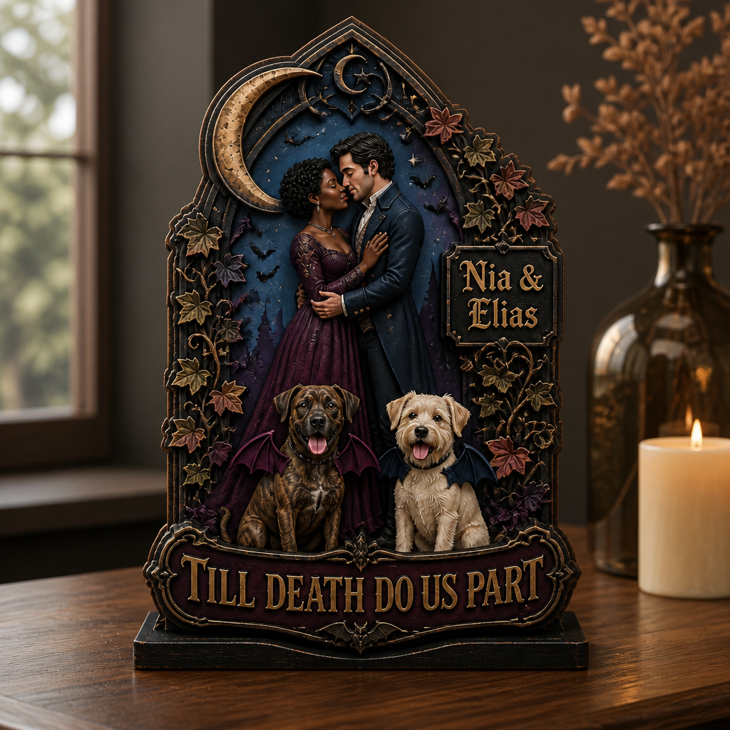 Till Death Do Us Part – Personalized Photo With Pet 2-Layer Standing Wooden Plaque – Halloween Gift For Couple mockup-product-6a991db6795bd0af8fd306c4.png
