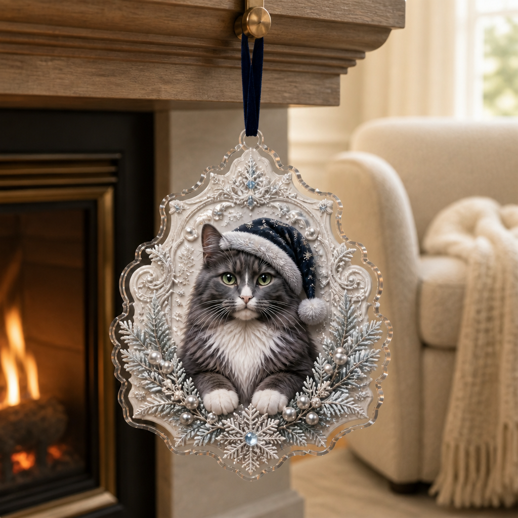 Personalized Cat Christmas Ornament – Custom Pet Photo Acrylic Ornament, Elegant Santa Hat Cat with Snowflake & Pearl, Cat Lover Memorial Keepsake Gift mockup-product-6a9a6db63e57c4bb9b9b1f53.png