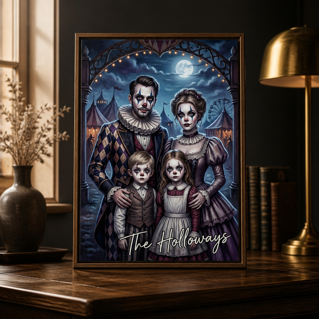 Personalized Halloween Family Canvas – Custom Photo Circus Portrait – Spooky Family Wall Art Gift mockup-product-6a9b81e2a3125b38d22559a8.png