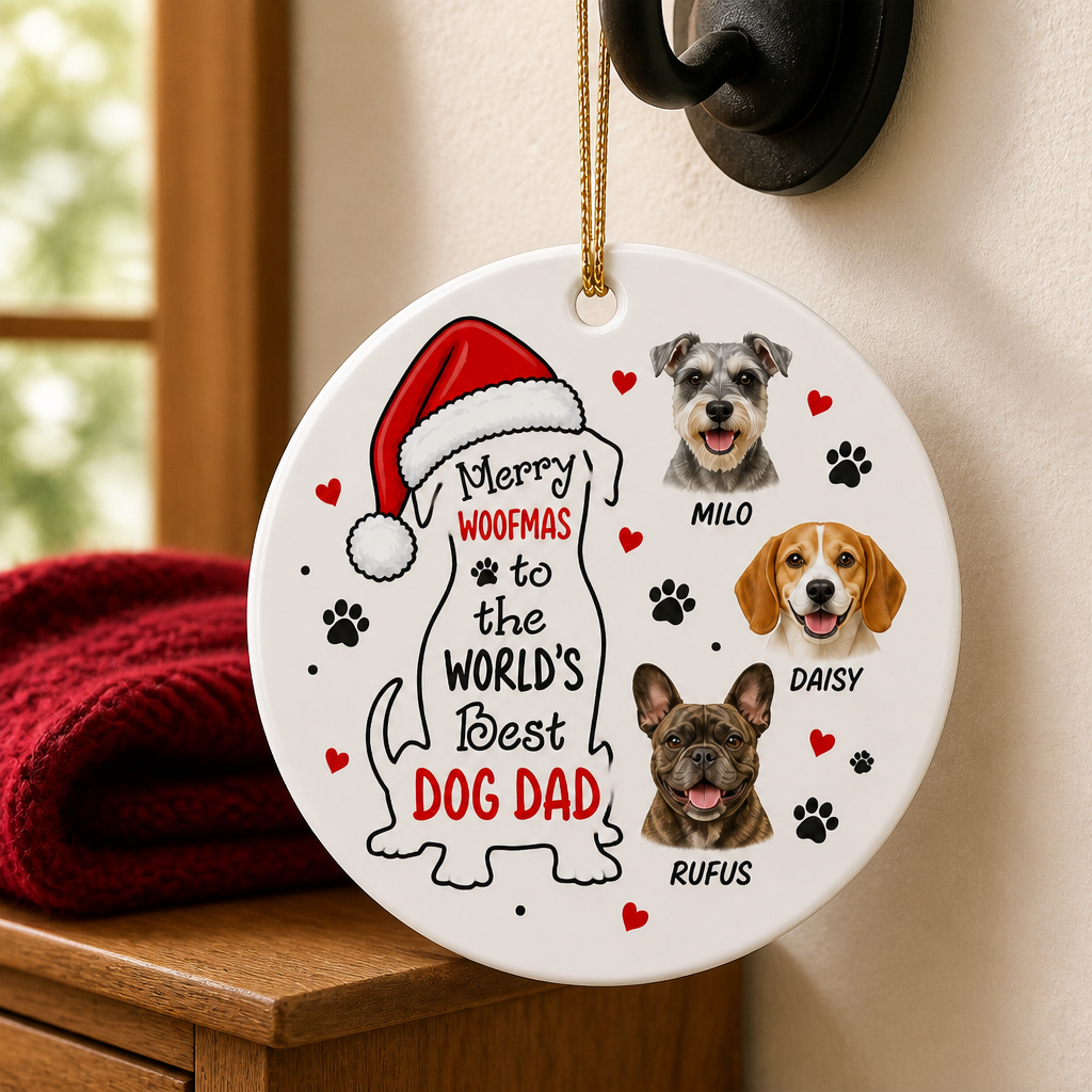 Merry Woofmas Dog Dad Ornament – Custom Ornament with Pet Photos & Names mockup-product-6a9b85949e39e378918440a3.png