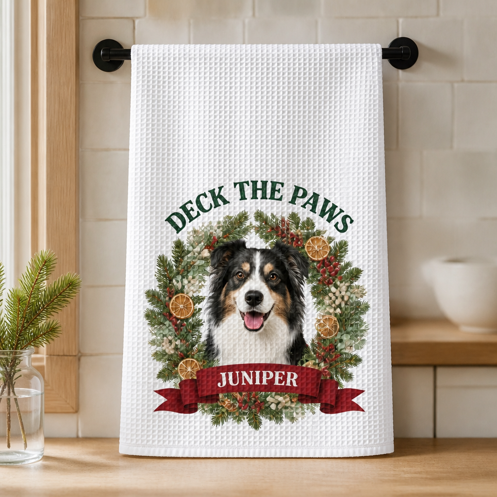 Deck the Paws – Personalized Photo Kitchen Towel – Christmas Gift mockup-product-6a9b85c69e39e378918440a5.png