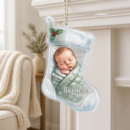 Baby in Christmas Swaddle Acrylic Ornament - Personalized Newborn Gifts For Baby, New Father, New Mother mockup-product-6aa7574417c6a5a083d8bd70.png