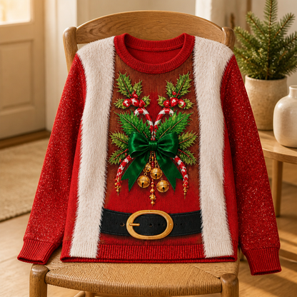 Santa Suit Christmas Sweater – Festive All-Over Print with Bells & Bow mockup-product-6ab0b847289b5e9e6f205f64.png