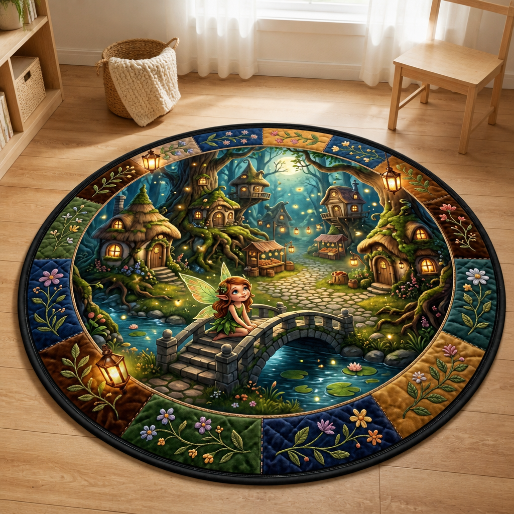 Enchanted Fairy Forest Quilted Carpet – Magical Woodland Village Round Area Rug mockup-product-6ab358ceb65b93ee310dc3f2.png