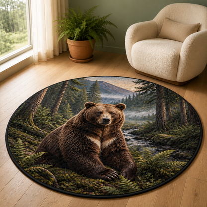 Majestic Grizzly Bear Quilted Carpet – Mountain Forest Wildlife Round Rug mockup-product-6ab35943b65b93ee310dc3f4.png