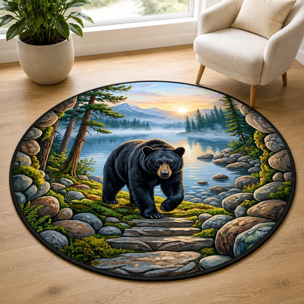 Black Bear Quilted Carpet – Mountain Lake Forest Wildlife Round Area Rug mockup-product-6ab35973ff62c5d4acb35b28.png