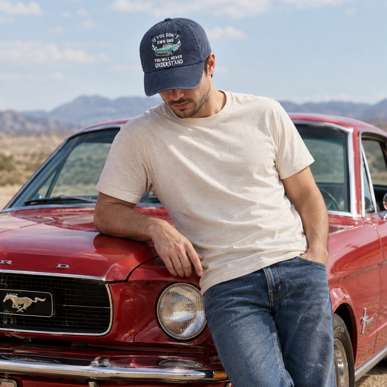 Personalized Washed Denim Baseball Cap with Classic Car Graphic, Unique Gift for Car Lovers