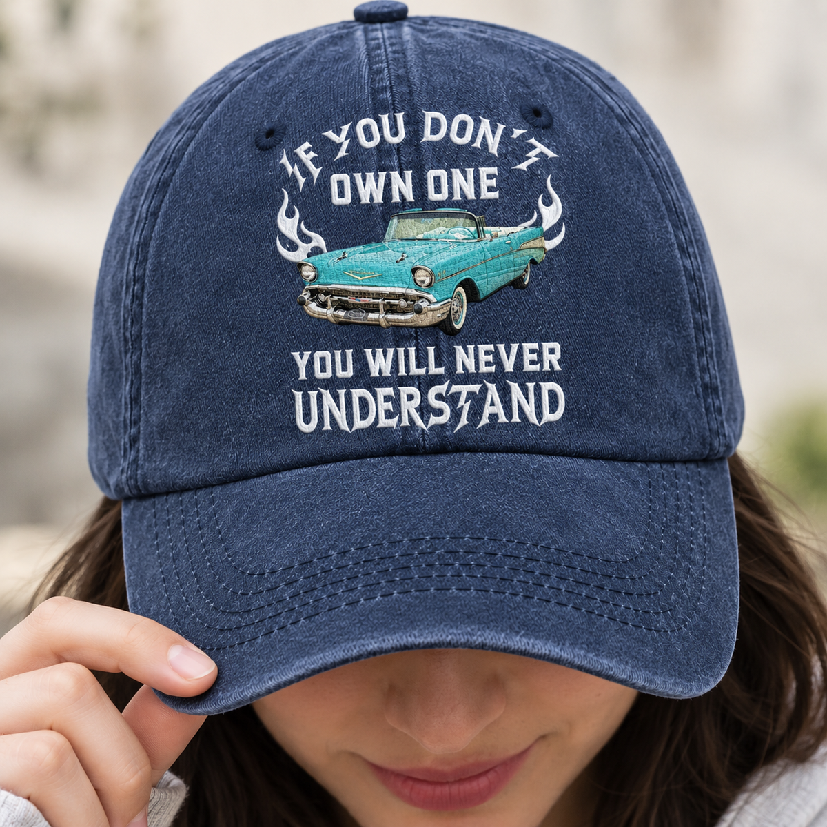 Personalized Washed Denim Baseball Cap with Classic Car Graphic, Unique Gift for Car Lovers