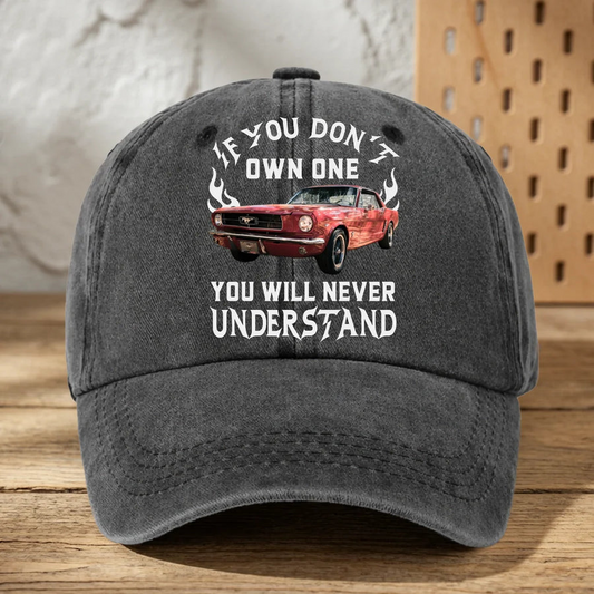 Personalized Washed Denim Baseball Cap with Classic Car Graphic, Unique Gift for Car Lovers