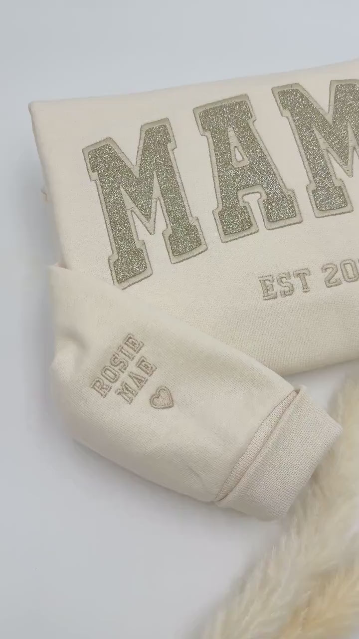 Custom Glitter Embroidered Mama Sweatshirt/Hoodies | Personalized Gift with Kids' Names | Pregnancy Announcement | Mother's Day Crewneck