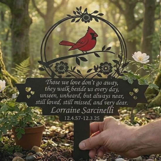 Personalized Memorial Stake Metal Sign, Cardinal Garden Stakes, Cardinals Appear, Metal Cemetery Decorations, Stake for Outdoors Yard Garden 3c6ba575-4d99-402f-aa57-dd20849feaca-PSL1757492090590315.mp4