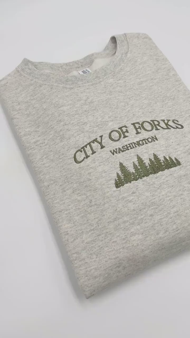 City of Forks Embroidered Sweatshirt | Washington Hoodie | Unisex Crewneck | Forest Embroidery | Twilight-Inspired Gift | Custom Colors