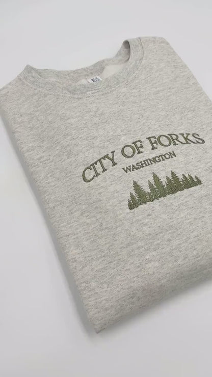 City of Forks Embroidered Sweatshirt | Washington Hoodie | Unisex Crewneck | Forest Embroidery | Twilight-Inspired Gift | Custom Colors