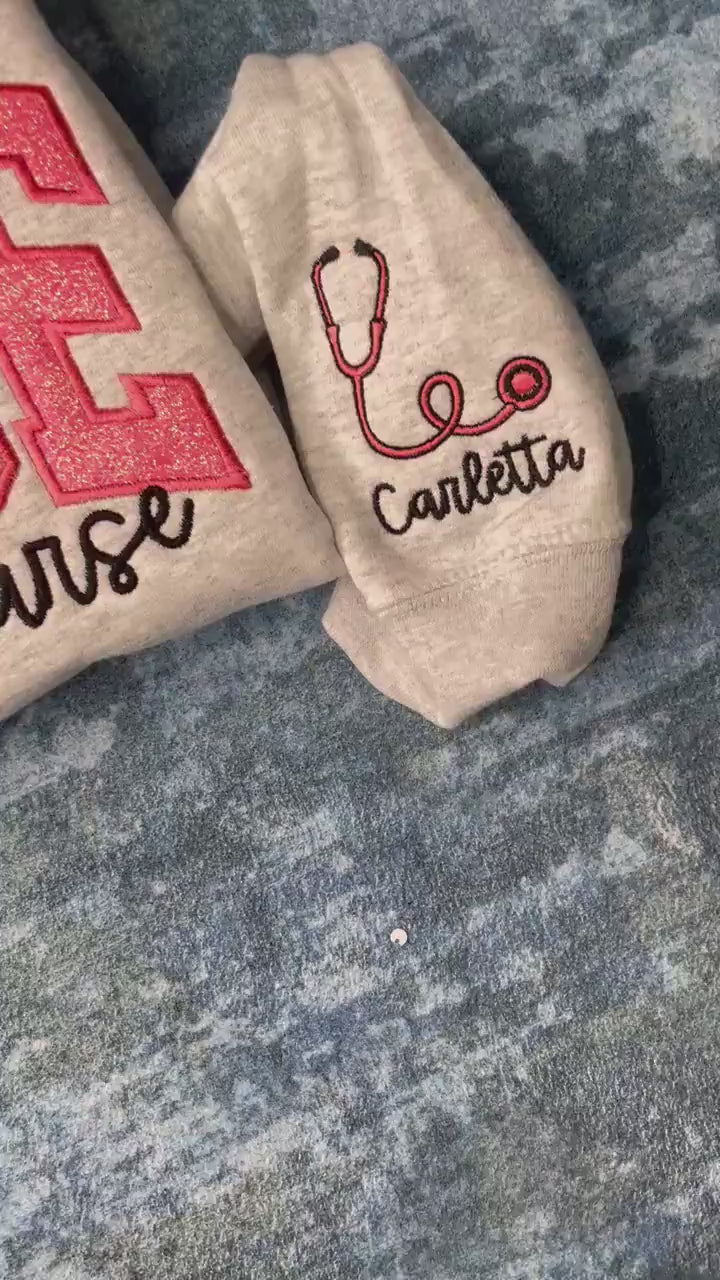 Personalized Nurse Embroidered Sweatshirt: Glitter Stethoscope Sleeve