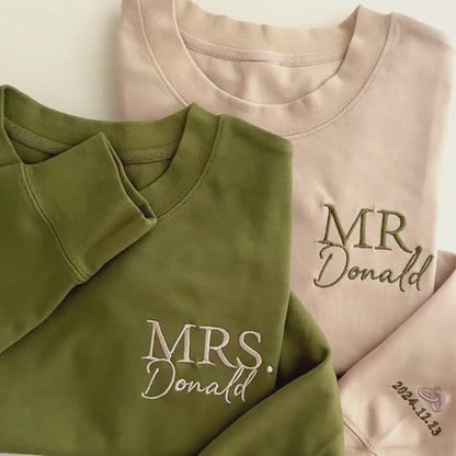 Personalised Mr Mrs Embroidered Sweatshirt - Date on Sleeve, Honeymoon Sweatshirt, Bridal Shower Gift, Couple's Hoodie, Honeymoon Wear