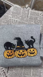 Halloween Black Cat Embroidered Sweatshirt, Cute Pumpkin Fall Crewneck, Autumn Spooky Season Top, Cat Lover Halloween Gift Shirt