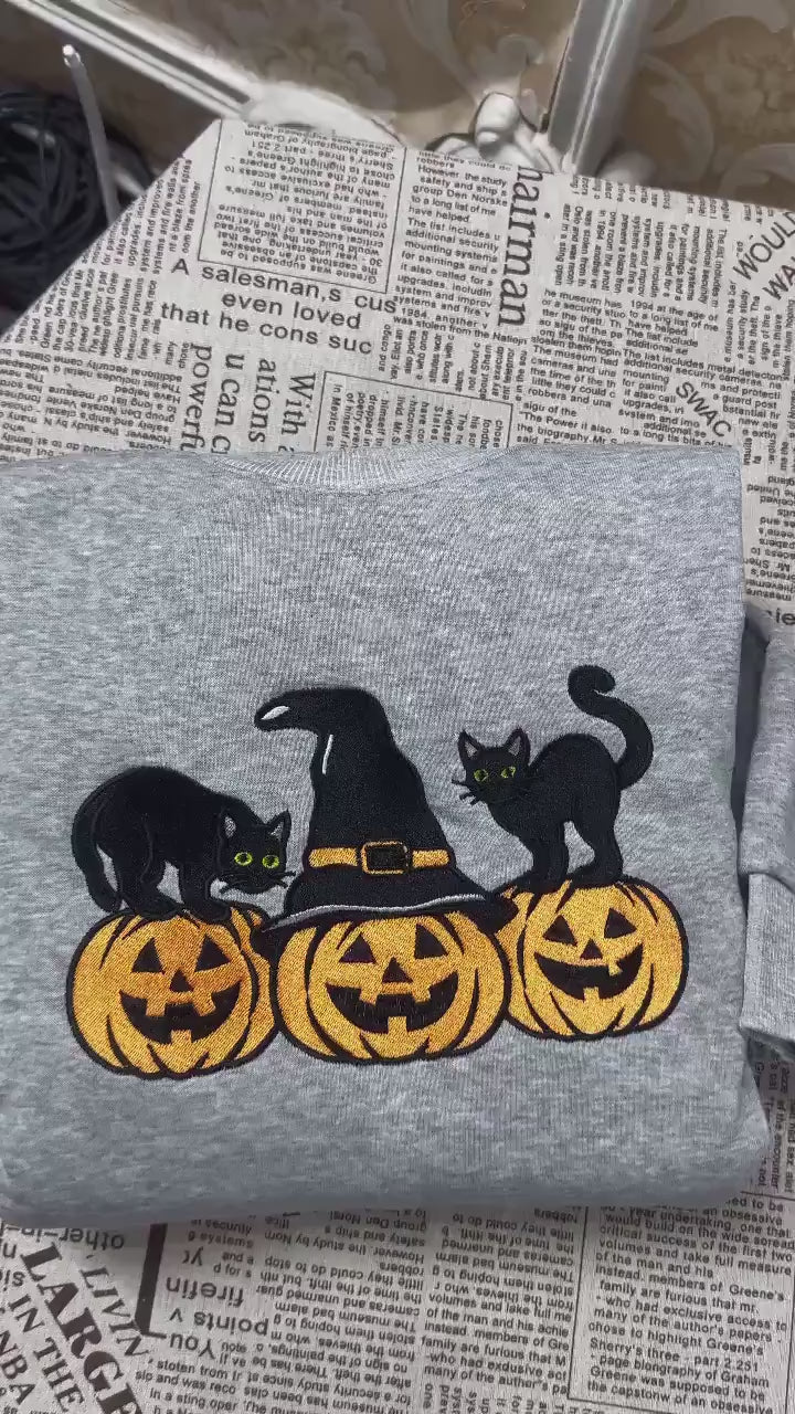 Halloween Black Cat Embroidered Sweatshirt, Cute Pumpkin Fall Crewneck, Autumn Spooky Season Top, Cat Lover Halloween Gift Shirt