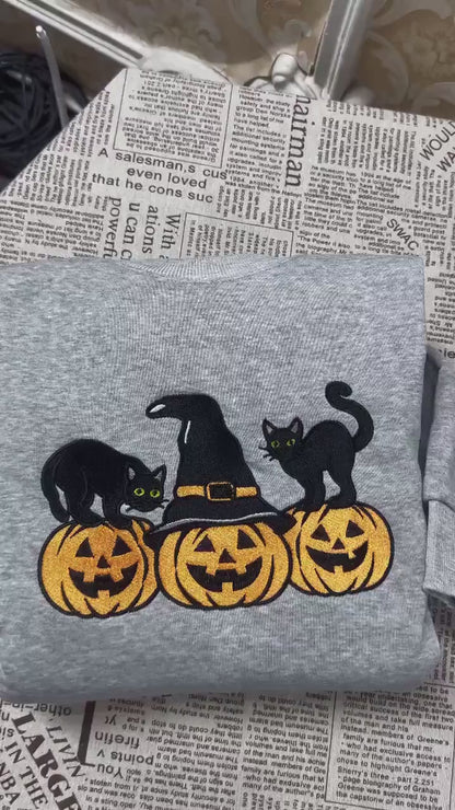 Halloween Black Cat Embroidered Sweatshirt, Cute Pumpkin Fall Crewneck, Autumn Spooky Season Top, Cat Lover Halloween Gift Shirt