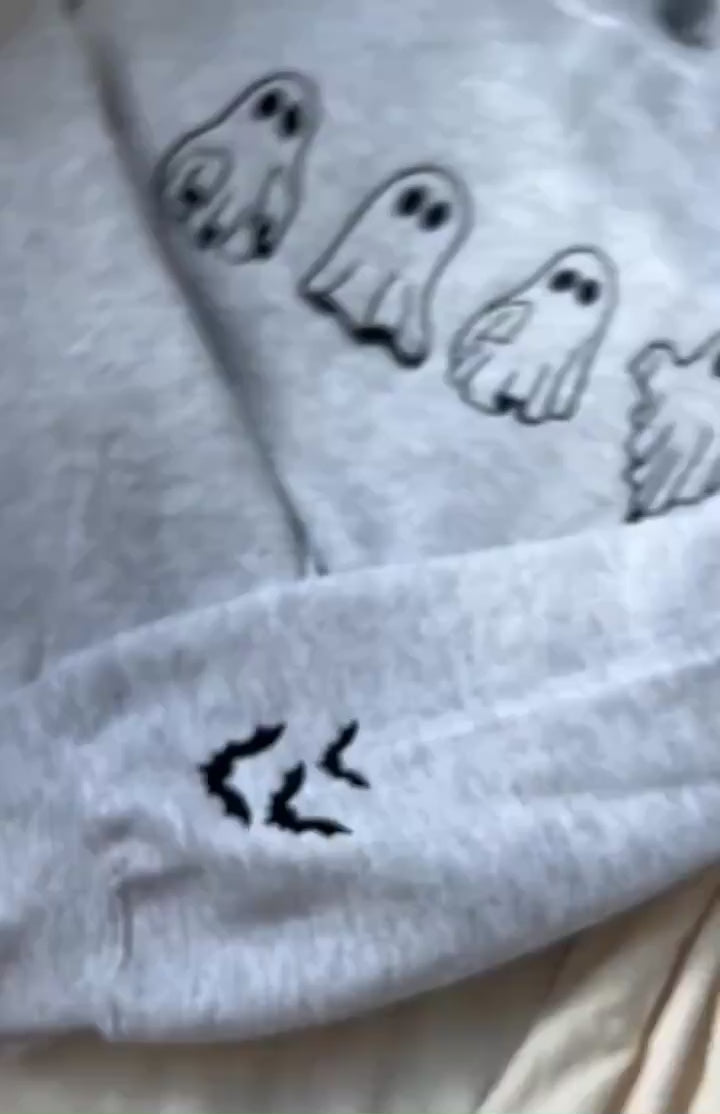 Fall embroidered sweatshirt Halloween embroidered ghost sweatshirt fall embroidered bat sleeve crewneck ghost and bat embroidered sweatshirt