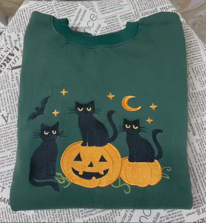 Embroidered Black Cat Pumpkin Sweatshirt, Cute Halloween Crewneck, Spooky Autumn Hoodie,Ghost Bat Cat Lover Gift,Fall Cozy Shirt,Cozy Season