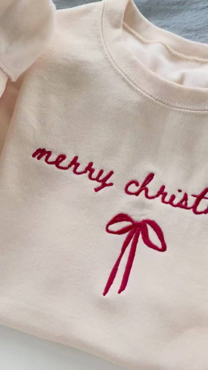 Embroidered Christmas Sweatshirt Merry Christmas Bow Design