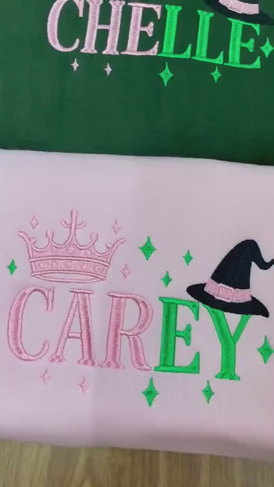 Personalized Wicked Sweatshirt, Custom Name Embroidered Crewneck with Crown & Witch Hat, Wicked Musical Fan Apparel, Friend Matching Gift