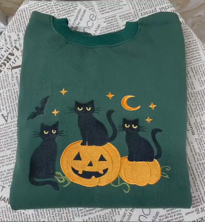 Embroidered Black Cat Pumpkin Sweatshirt, Cute Halloween Crewneck, Spooky Autumn Sweater, Ghost Bat Cat Lover Gift, Fall Cozy Shirt