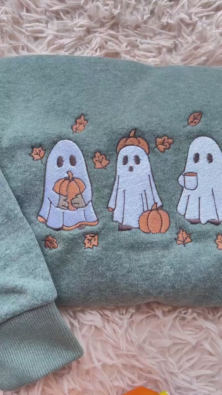 Embroidered Ghost Fall Sweatshirt, Embroidered Ghost Pumpkin Hoodie, Spooky Season Shirt, Halloween Lover Gifts, Ghost and Pumpkin Crewneck